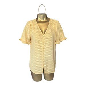 CeCe Yellow Print Button Down Blouse, Size Small